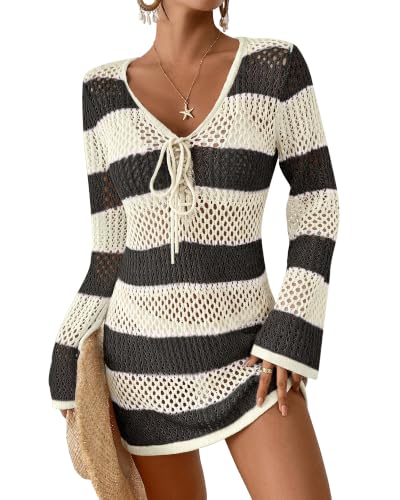 Image of Bsubseach Women Swimsuit Crochet Coverup Long Sleeve V Neck Beach Dress