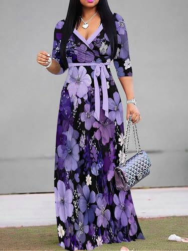 Image of Women Plus Size Long Sleeve V Neck Maxi Dress with Belt | Soft fabric relaxed fit three quarter sleeve v neck with pockets for party and daily wear