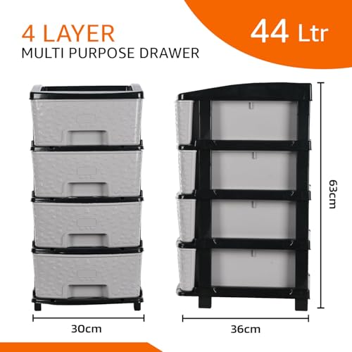 Image of Amazon Basics Plastic 4 Rack Multipurpose Modular Drawer Storage Rack | Kitchen & Home Essentials Organizer Storage Box Cabinet | Almira Set for Stationary, Cosmetic |Black & Grey 36D x 30W x 63H cms