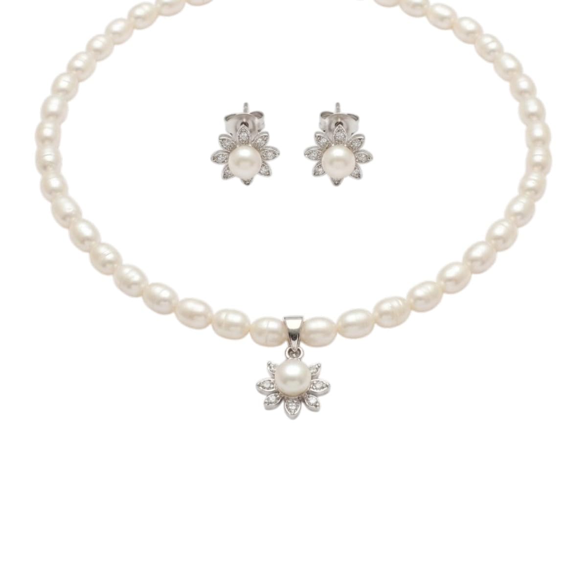 Sri Jagdamba Pearls Floral White Freshwater Pearl Pendant Set for Women | Necklace and Earrings Jewelry Set | Elegant Floral Design for Weddings, Parties-image-32