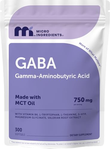 Micro Ingredients GABA 750 mg with MCT Oil 300 Softgels | Gamma Aminobutyric Acid with Vitamin B6 5-HTP L-Theanine L-Tryptophan & Magnesium Glycinate | Non-GMO cGMP Manufactured