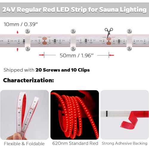 Image of DC24V 630nm Red LED Strip for Sauna Lighting, Flexible Cuttable Dimmable Long 5m 16.4ft 600 LEDs Heat-Resistant IP68 Waterproof Chromotherapy Sauna Light Tape (Ordinary Red)