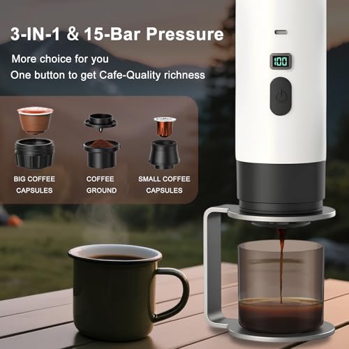 Image of Portable Espresso Maker, 15-Bar Travel Coffee Machine with 7800mAh Battery, Self-Heating, Compatible with Ground Coffee & NS Capsules for Camping /RV /Office /Hiking