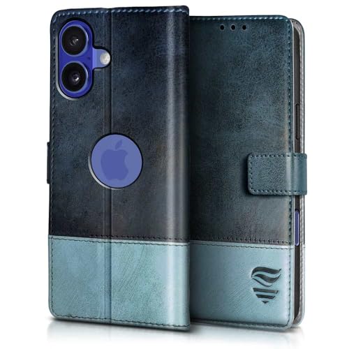 Image of FLIPPED Vegan Leather Flip Case Back Cover for iPhone 16 (Flexible, Shock Proof | Hand Stitched Leather Finish | Card Pockets Wallet & Stand | Blue with Aquamarine)