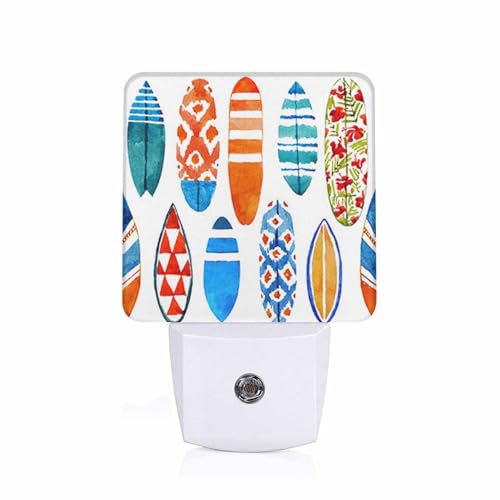 Image of LED Night Light,Wave Watercolor Surfboard Summer Beach LED Night Light Plug into Wall with Dusk to Dawn Light Sensor White Energy Efficient Nightlight for Bedroom Hallway Living Room Kitchen