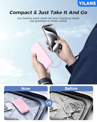 Image of Portable Charger,50000mAh Power Bank Built-in Cable, 22.5W PD USB C In & Out Fast Charging, External Battery Pack with 6 Output & 2 Input, Travel Phone Charger for iPhone 17 /16 /15 /14 /13 /12(Rosy)