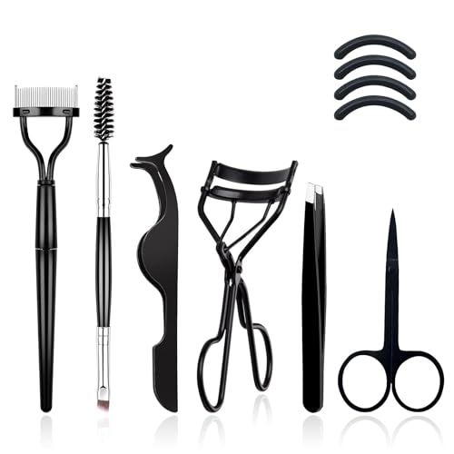 EBANKU 7pcs Eyelash Comb Brush Tools Eyebrow Brush Comb Eyelash Separator Tool Professional Eye Brow Spoolie Brushes for Makeup Grooming Eyelash Curler Silicone Refill Pads Tweezers Scissors
