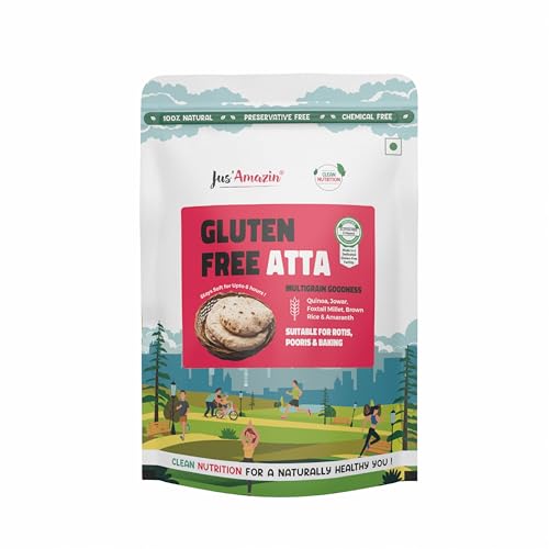 Image of Jus' Amazin Certified Gluten Free Atta (1kg) | Makes Fluffy & Soft Chapatis | Multigrain (Millets, Quinoa, Amaranth) | Certified Gluten Free (Lab Tested) | Multipurpose (Chapati, Poori, Paratha, Baking)