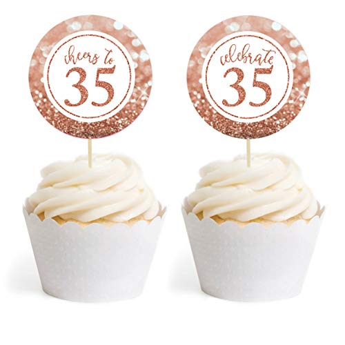 Andaz Press Glitzy Faux Rose Gold Glitter Round DIY Cupcake Toppers, Cheers to 35 Years, 35th Birthday or Anniversary, 20-Pack, Cake Dessert Party Decor