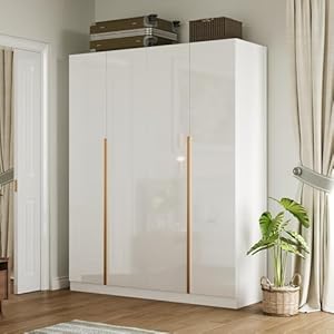 Homsee 63″ W Wardrobe Closet Armoire with 4 Glossy Doors, Wooden Bedroom Clothing Storage Cabinet with 3 Hanging Rods & 10 Storage Compartments, White