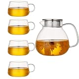 ティーポット＆マグカップ2個OR4個セット 耐熱ガラス 茶こし付き ポット 食洗機対応 おしゃれ シンプル 北欧 ギフト ピッチャー 冷水筒 耐熱 耐冷 水差し 麦茶 ミルク ジュース 紅茶 500ml 1000ml 300ml (1000mlpot+4cup)