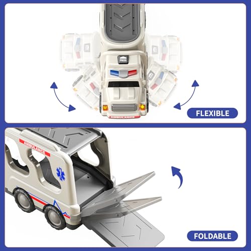 5 in 1 Krankenwagen Kleinkind Lkw Spielzeug für 3 4 5 6 Jahre alte Jungen, Reibung angetriebene Autos mit Hubschrauber, Polizeiauto, Feuerwehr, Krankenwagen, Geburtstagsgeschenke für Mädchen Alter 3-9