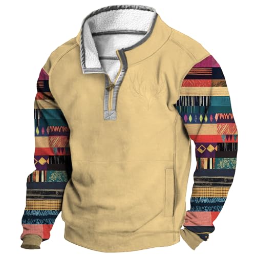 Western Aztec Mens Quarter Zip Pullover Retro Long Sleeve Lapel Ethnic Wolf Deer Graphic Sweashirts With Pockets