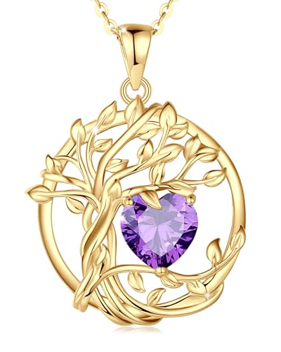 FANCIME Tree of life Birthstone necklace Sterling Silver Yellow Gold Plated Amethyst Pendant February Birthstone Purple Gemstone Jewelry Birthday Mothers Gifts for Wife Women Her
