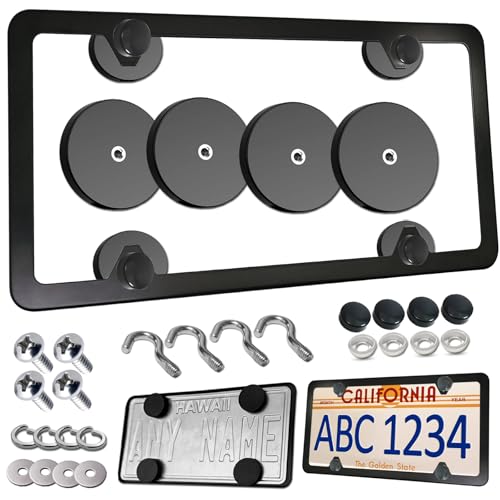 Magnetic License Plate Holder - Heavy Duty Neodymium Magnets with Rubber Coating Black Aluminum Frame for No Drill Temporary Tags on Metal Car Bumpers