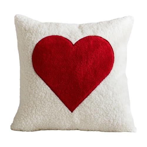 2026 Taie d'oreiller en polaire Teddy rouge avec broderie en forme de cœur pour couples – Saint-Valentin (A, 45 x 45 cm)