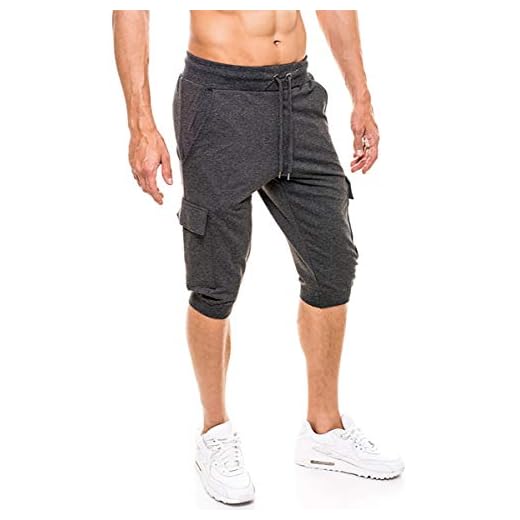 KEFITEVD Herr 3/4 sport joggingshorts elastiska capri-löparbyxor smal träning korta träningsbyxor med 4 fickor
