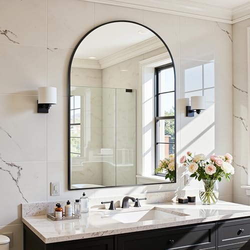 Image of Antok Arched Bathroom Mirror, 20 inchx30 inch Wall Mounted Mirror, Vanity Mirrors for Over Sink, Aluminum Alloy Frame Bathroom Mirrors Living Room, Bedroom and Entryway, Black