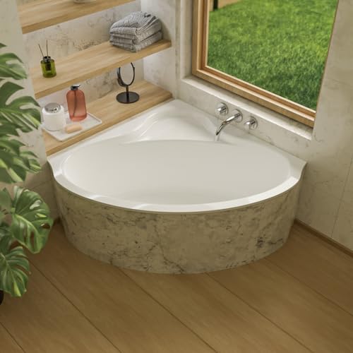ECOLAM® Badewanne Eckwanne Eckbadewanne Acrylwanne BALA 130 x 130 cm | Inkl. Styroporverkleidung befliesbar Ablaufgarnitur Alcaplast Ab- und Überlauf symmetrisch Acryl weiß Füße Silikon | Komplett-Set
