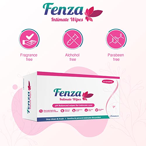 Image of Fenza Intimate Wipes100-Wipes (Pack of 10), with Aloe Vera & Tea Tree Oil, Protects Against Odour, Dryness, Itchiness & Irritation, Balances PH, for daily use | Dermatologically tested