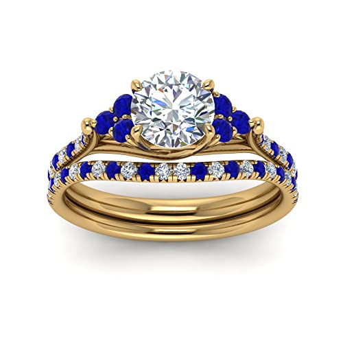 Image of Choose Your Gemstone Round Cut Petite Cathedral Wedding Ring Set Yellow Gold Plated Round Shape Wedding Ring Sets Matching Jewelry Wedding Jewelry Easy to Wear Gifts US Size 4 to 12