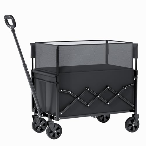 Carrello Pieghevole Resistente con ruote, Carrello Fuoristrada per giardinaggio, campeggio, shopping, spiaggia e sport all'aperto, Nero, Capacità Massima 120 litri e 100 kg.