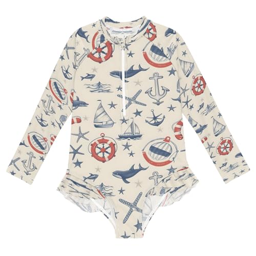 Boat Whale Girls Long Sleeve Swimsuits One Piece Zipper Bathing Suit UPF 50+ Rashguard Swimwear