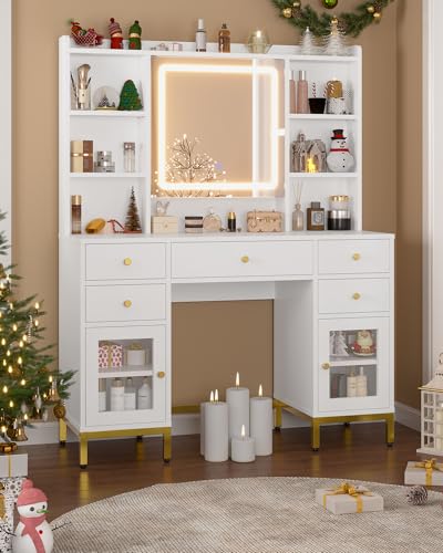 KIMENICH Schminktisch mit Beleuchtung, 3 Farben, Einstellbare Helligkeit, Kosmetiktisch mit...