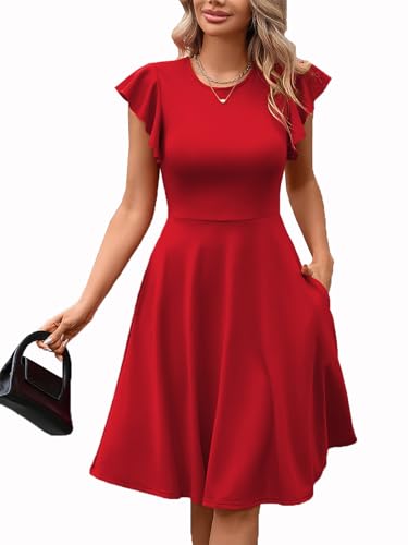 Image of MSLG Women's Fit and Flare Ruffle Short Sleeves Dresses Work V-Back Cocktail Semi Formal A Line Dress with Pockets 842
