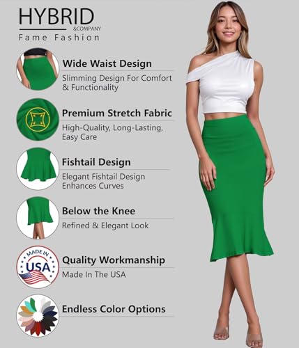 Image of HyBrid & Company Womens Premium Nylon Ponte Stretch Office Fishtail Pencil Skirt High Waist Made in The USA Below Knee