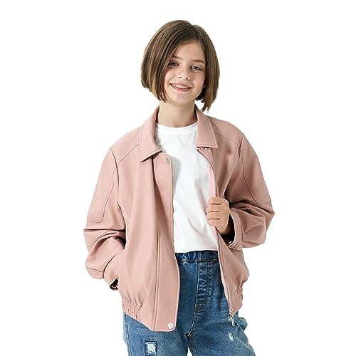 Rolanko Girls Faux Leather Jacket Kids Zip Up Motorcycle Biker Outerwear Coat Pleather Bomber Jacket with Pockets 5-15 Years