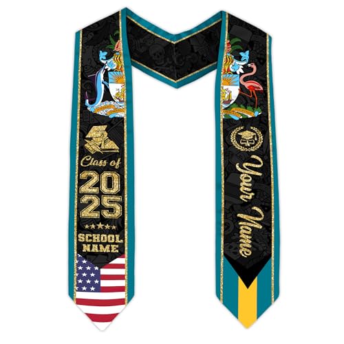 MonkeyVan Personalized Bahamas Graduation Stole, Bahamian Graduation Sash, Bahamas Flag Graduation Stole, Class of 2025 Bhm3