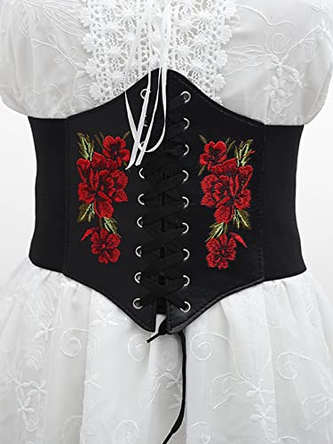 Floerns Women's Lace Up Floral Embroidery Self Tie Elastic Corset Belt4