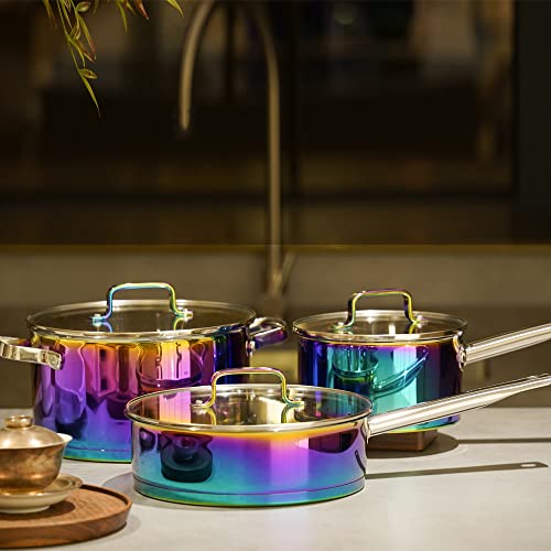 AKIS Dazzling Regenbogen Edelstahl 6 teilig Pfanne Topfset 1 Kochtopf, 1 Pfanne, 1 Stieltopf mit 3 Glasdeckel Induktionsgeeignet