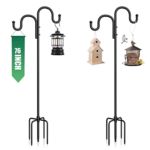 2Pcs Double Shepherds Hooks For Outdoor, 76” Heavy Duty Adjustable Height Hooks Two Sided Garden Pole For Hanging Bird Feeder, Plant Baskets, Lanterns, Plant Hanger Stands With 5 Strong Base Prongs #TOP22