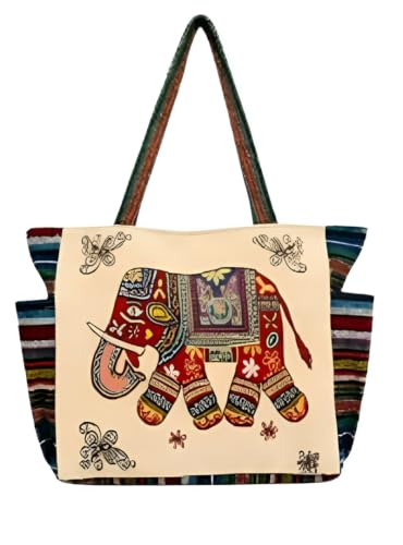 Image of Elephant Print Canvas Tote Bag for Women, Ethnic Shoulder Handbag with Multicolor Elephant Design, Dual Handle Everyday Carry Bag for Shopping, Office, College, Travel & Daily Use