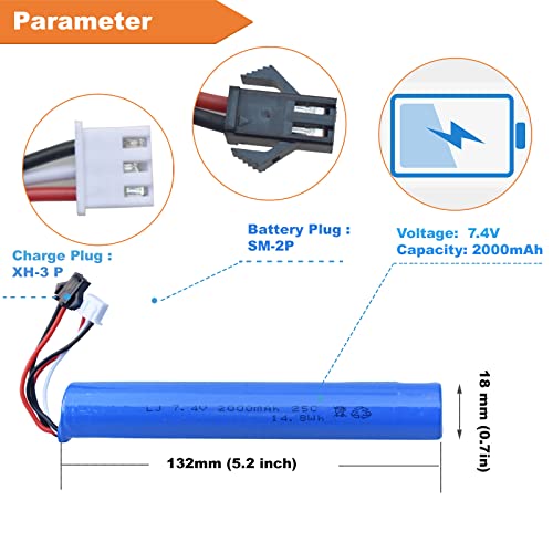 funkawa Water Bead Gel Ball Blaster 7.4V 2000mAh Rechargeable Battery with Charging Cable, Airsoft Gel Ball Blaster Battery Compatible with SRB400, SRB-400 SUB and SRB1200 (2-Pack)