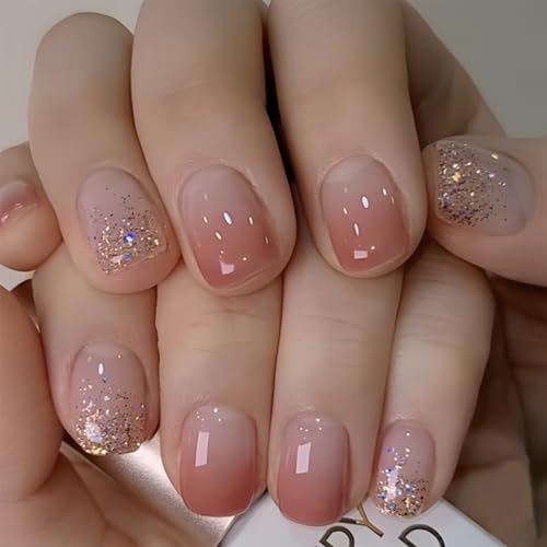 TELAIN 24 pezzi Blush Ombre Press on Unghie Corto Quadrato Invernale Unghie Finte Acriliche Press-ons Glitter Pizzo Francese Lucido Colla