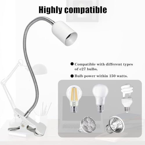 Sudnsadaks Lampenfassung E27, Klemmlampe mit Stecker und 120 cm Kabel, 360° Verstellbarer Schwanenhals, Klemmleuchte mit Schalter für Tiere, Wachsende Pflanze, Tischlampe, Weiß (Ohne Glühbirne)