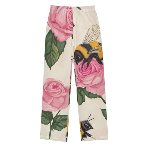 ZZXXB Bee Rose Flowers Boys Long Pants Soft Trousers Elastic Waist Kids Lounge Bottoms with Pockets S-XL