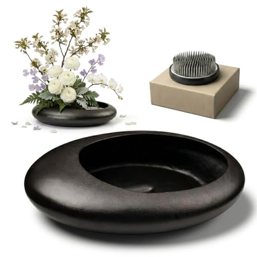 Ikebana Bowl Kit - Ikebana Vase (Japanese Flower Bowl Vase) with 2.4 Floral Frog Ikebana Set for Japanese Flower Arrangement (Black 2.4 Floral Frog Included)