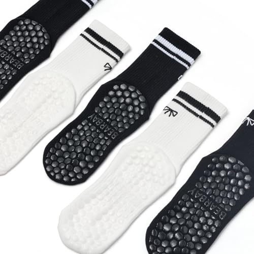 Image of Non-Slip Pilates Yoga Socks for Women Cotton Crew Striped Bow Embroidery for Barre Ballet Dance Workout