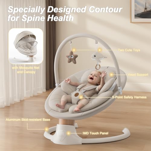 Image of Baby Swings for Infants, FasonBaby Electric Baby Swing with Music Speaker, 5 Speeds, Remote Control and Bluetooth - Portable Infant Swing for Indoor and Outdoor (Beige)
