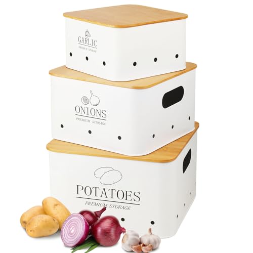 Boîte de rangement en bambou pour pommes de terre, oignons et ail - Lot de 3 conteneurs blancs