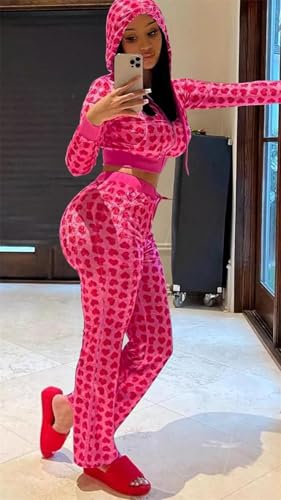 Recious Womens Sexy 2 Pieces Velvet Heart Printed Zipper Hooded Jackets Bodycon Pants Party Clubwear Tracksuit Outfits Set2