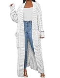 LIVECLOTH Women's Long Sweater Open Front Cardigan Casual Braided Knitted Maxi Outwear Coat with Pockets, Cardigan Womens White Cable Knit Sweaters, Chunky Cardigan Sweater (Pure White, L)