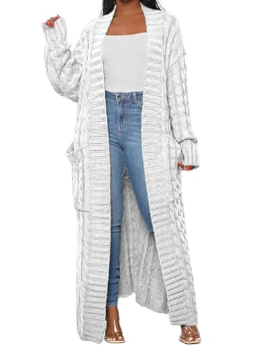 LIVECLOTH Long Sweaters for Women Cardigan Open Front Long Sleeve Plus Size Chunky Cable Knit Cardigans with Pockets Winter Coat, Women's Extra Long Ankle Length Sweater (Pure White, M)
