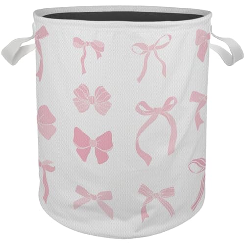Image of Briblaze Pink Girls Laundry Basket, Coquette Pink Bow Girly Nursery Laundry Basket Hamper Waterproof Collapsible Storage Bin Organizer for Bedroom Bathroom Kids Girls Room Dorm Clothes Toys