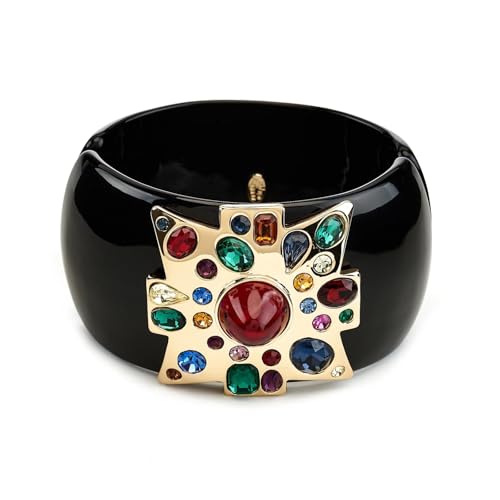 Kenneth Jay Lane Wide Domed Maltese Cross HInged Bangle with Multicolor Crystal Accents