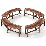 Tangkula Patio Curved Bench Set of 4, Solid Wood Fire Pit Bench for 2-3 People, Outdoor Backless Loveseat for Backyard, Garden, Poolside, 800 LBS Max Load (Rustic Brown)
